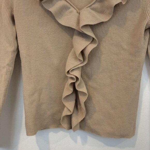 Belford Petites Beige Ruffle Trim V-Neck Cardigan PS 100% Extrafine Merino Wool - Picture 5 of 6
